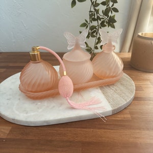 Vintage Pink Frosted Perfume Vanity Set with Atomizer, Powder Jar, Bottle & Tray- Butterfly Coquette Satin Girly Decor Romantic Beauty Gift