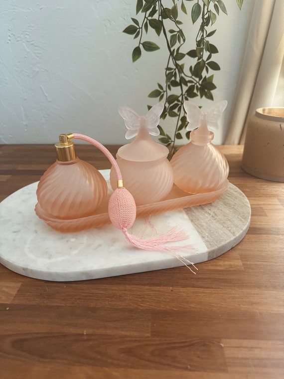 Vintage Pink Frosted Perfume Vanity Set with Atomizer, Powder Jar, Bottle & Tray- Butterfly Coquette Satin Girly Decor Romantic Beauty Gift