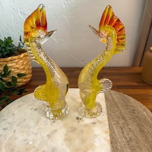 Vintage Murano Art Glass Statue Set Bird Heron Figure Silver Leaf Yellow and Orange Pair Italian Aviary Gift Decor Paperweight Blown Glass