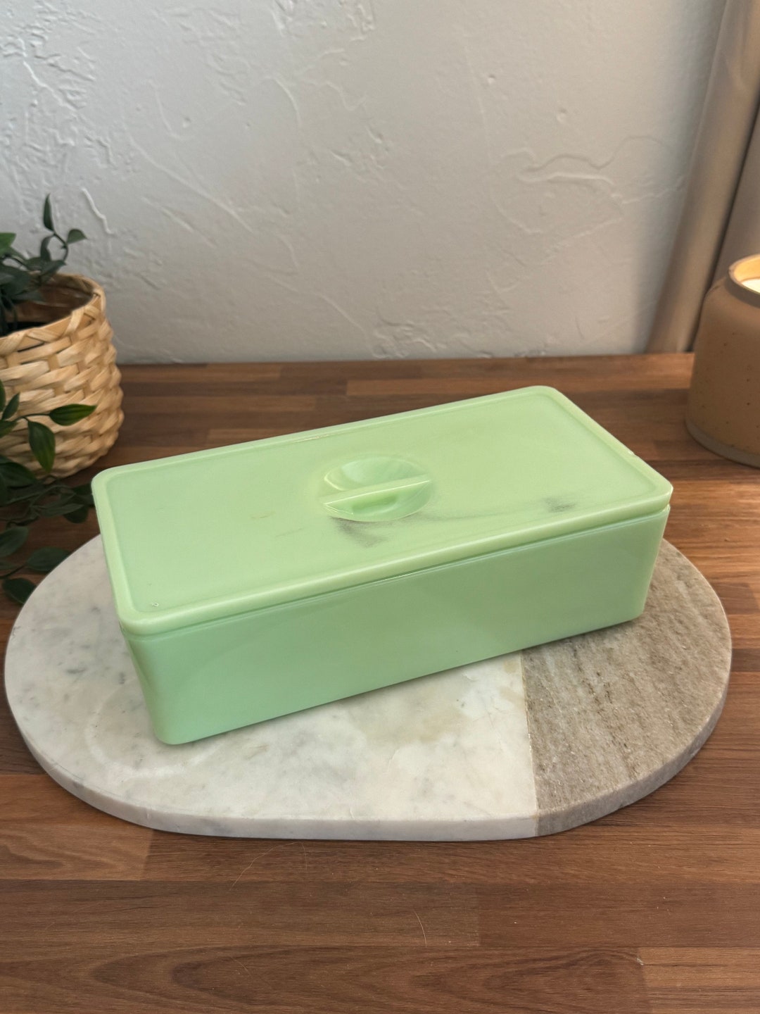Vintage Jadeite Refrigerator Dish W/ Lid Jeanette Green Rare Ceramic ...