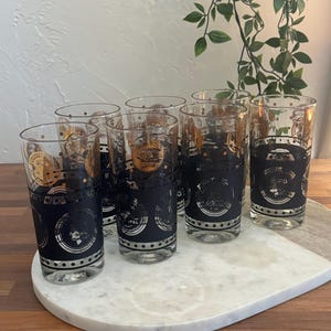 Vintage Set of 7 Libbey World Coin Gold Black Glasses Barware Entertaining MCM Unique Drinkware 12 Fl Oz Gift Tumblers Cocktail Kitchen 1960