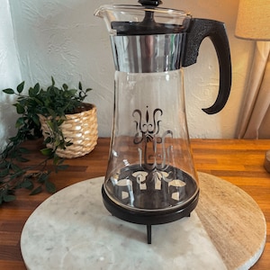Vintage Rare Pyrex Carafe w/ Candle Warming Stand Coffee Pot Retro MCM Kitchen Decor Serving Glass Silver Lustre Scroll Design Gift