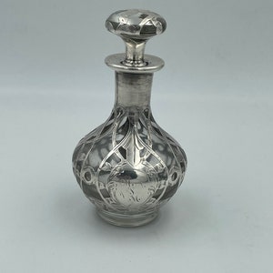 Antique Victorian Rare Alvin Pure Silver Overlay Glass Crystal Perfume Art Nouveau Scent Bottle Scroll Monogram w/ Stopper Patented Gift