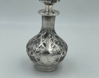 Antique Victorian Rare Alvin Pure Silver Overlay Glass Crystal Perfume Art Nouveau Scent Bottle Scroll Monogram w/ Stopper Patented Gift