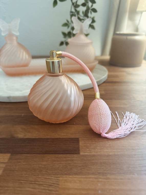 Vintage Pink Frosted Perfume Vanity Set with Atomizer, Powder Jar, Bottle & Tray- Butterfly Coquette Satin Girly Decor Romantic Beauty Gift View 5