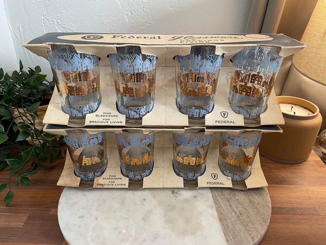 Federal Glassware Set of 8 Vintage MCM Drinking Glasses Unused in Box