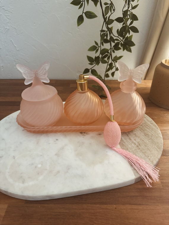 Vintage Pink Frosted Perfume Vanity Set with Atomizer, Powder Jar, Bottle & Tray- Butterfly Coquette Satin Girly Decor Romantic Beauty Gift View 2