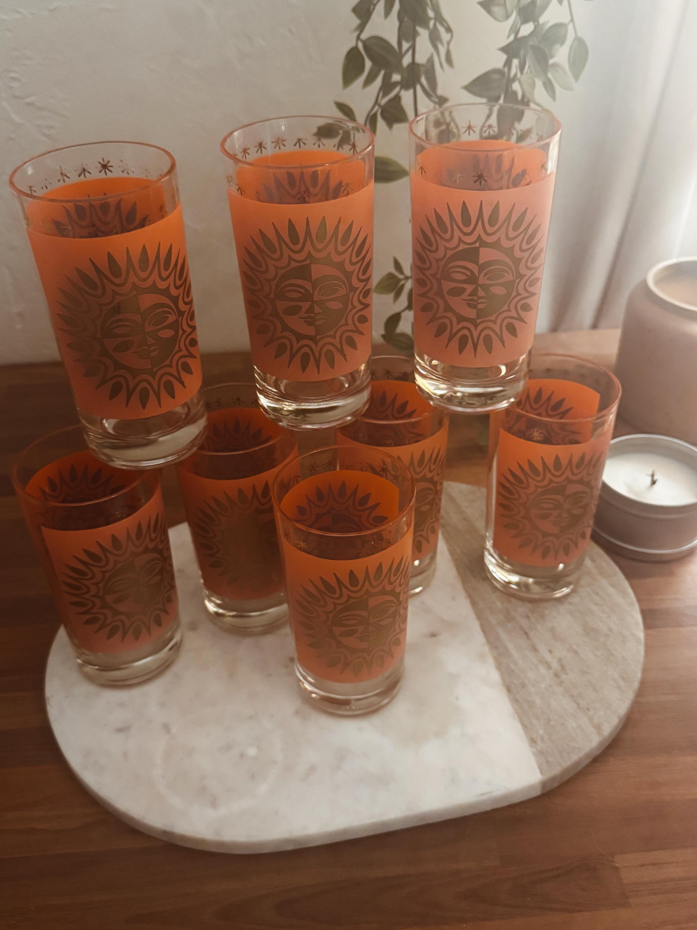 Rare Vintage Orange Aztec Sun 24K Gold Highball Glasses by Jeanette ...
