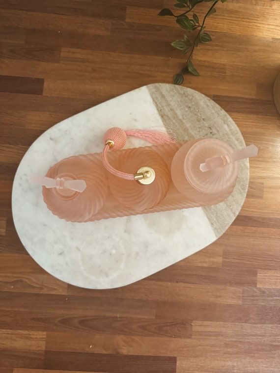 Vintage Pink Frosted Perfume Vanity Set with Atomizer, Powder Jar, Bottle & Tray- Butterfly Coquette Satin Girly Decor Romantic Beauty Gift View 4