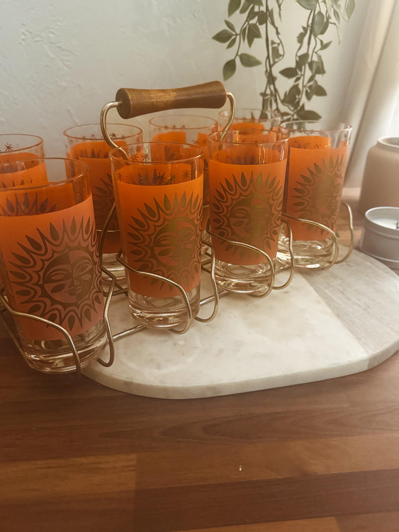 Rare Vintage Orange Aztec Sun 24K Gold Highball Glasses by Jeanette ...
