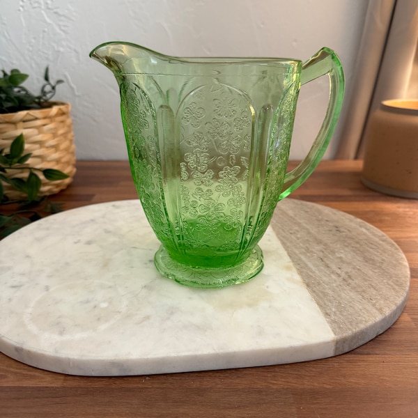 Vintage Depression Glass Pitcher Green Cherry Blossom Pattern Scalloped Base - Jeanette Glass Co. 36 oz Drink Serving Cocktail Eclectic Gift