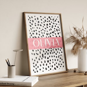 Personalised Pink Print Name Wall Poster Print - Dalmatian Cow Spot Print - Girls Bedroom Decor Teenage Room Home Trend Accessories