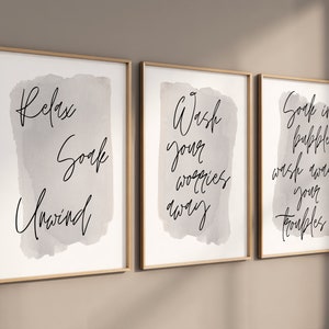 Set of 3 Bathroom Prints - Triple Set of Bathroom Prints - Grey Watercolour - Relax Soak and Unwind - Bathroom Decor - Home Trend - A3 - A4