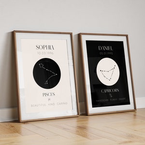 Set of 2 Personalised Star Sign Prints - Couples Gift - Personalised Zodiac Poster Print - Birthday Gift-  New Home Gift - Christmas Gift