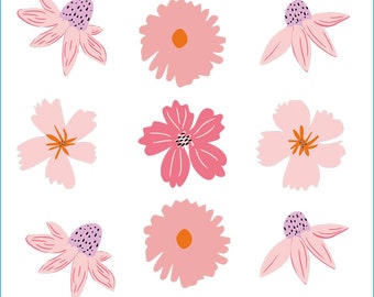 Pink Flower Wall Stickers, Peel and Stick Vinyl Decals (15 pc)