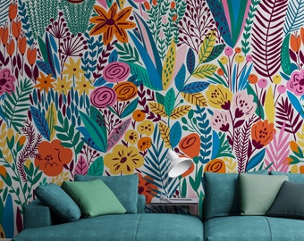 Tropical Flower Wallpaper, Bright floral Wallpaper, Minimalist Wallpaper, Pre Paste Wallpaper, Removable Wallpaper, Colourful Wallpaper