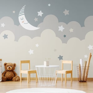 Night Sky Wallpaper, Moon & Stars Wallpaper, Removable Wallpaper, Bedroom Wallpaper, Nursery