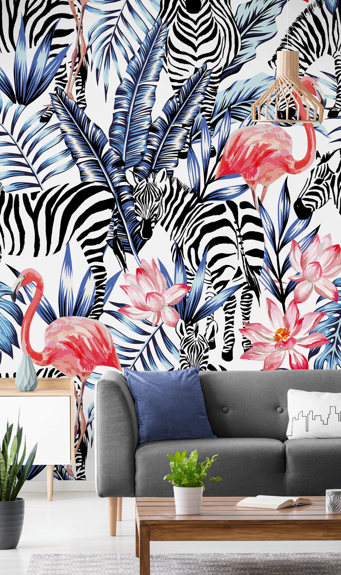 Zebra Wallpaper Flamingo Wallpaper Tropical Wallpaper Pre Etsy