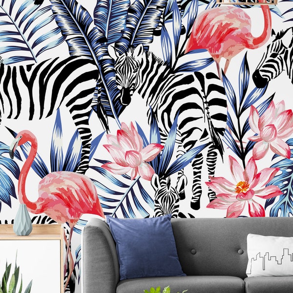 Zebra Wallpaper, Flamingo Wallpaper, Tropical Wallpaper, Pre Paste Wallpaper, Removable Wallpaper