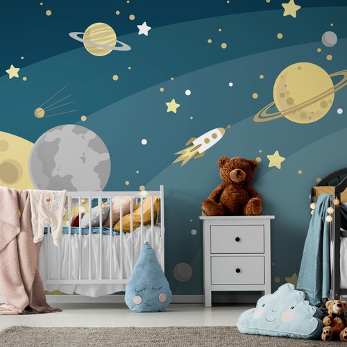 Outer Space Wallpaper Rocket Wallpaper Removable Wallpaper Etsy