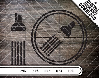 Könnte beinhalten: Schwarz-weiße Silhouette eines Markers mit einem Zielsymbol dahinter. Der Marker hat die Form einer Flasche mit einem Deckel oben. Das Zielsymbol ist ein Kreis mit zwei konzentrischen Kreisen darin.