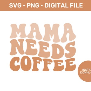 Könnte beinhalten: Eine digitale Datei mit dem Text "Mama Needs Coffee" in einem Retro-Schriftartenstil mit einem Farbverlauf von Braun und Pfirsich. Der Text ist in Großbuchstaben und die Wörter sind übereinander gestapelt. Der Hintergrund ist weiß.
