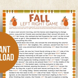 May include: A printable game for kids featuring a fall-themed story with directions to move left or right. The game includes illustrations of pumpkins and fall leaves.
