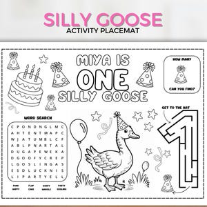One Silly Goose Coloring Sheet, Printable Kids Activity Placemat, Goose Party Favor Coloring Pages, Printable Kids Fun Coloring sheet