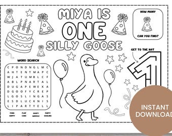 One Silly Goose Coloring Page, Printable Kids Activity Placemat, Goose Party Favor Coloring Pages, Printable First Birthday Coloring sheet