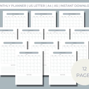 Printable Monthly Calendar, Printable Planner, Month At A Glance, Minimalist Calendar, US Letter, A4, A5, Instant Download