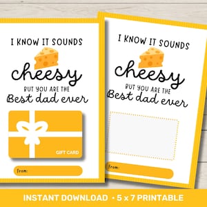 Puede incluir: Dos tarjetas imprimibles de 12,7 x 17,8 cm con fondo amarillo y un juego de palabras sobre el queso para decir que es el mejor papá del mundo. Las tarjetas presentan un trozo de queso de dibujos animados y un espacio para una tarjeta de regalo.