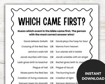 Which Came First Bible Trivia Game Printable, Interactive Printable Quiz, Christian Sunday School Printable Game, Bible Trivia Printable