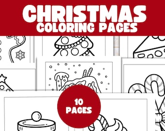 Può includere: Una raccolta di pagine da colorare natalizie con illustrazioni festive, tra cui omini di pan di zenzero, alberi di Natale e bastoncini di zucchero. Il testo "CHRISTMAS COLORING PAGES" è visualizzato in bianco su uno striscione rosso. Un cerchio rosso indica "10 PAGES".