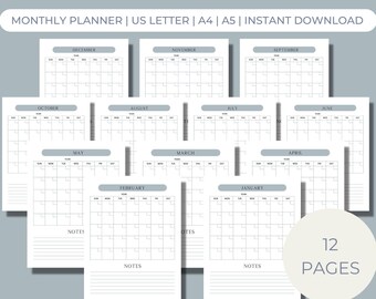 Printable Monthly Calendar, Printable Planner, Month At A Glance, Minimalist Calendar, US Letter, A4, A5, Instant Download