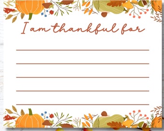 I Am Thankful For Card Thanksgiving Printable, Gratitude Activity, Printable Thankful Cards, Friendsgiving Printable, Digital Download