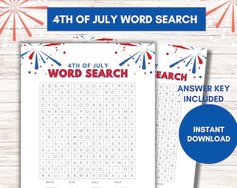 Juego imprimible de búsqueda de palabras del 4 de julio, paquete de juegos del 4 de julio, juegos del día de la independencia, juegos patrióticos, imprimible para fiesta del 4 de julio