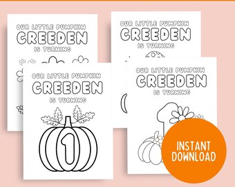 Puede incluir: Cuatro páginas para colorear imprimibles en blanco y negro con una calabaza con el nombre "Greeden" y el texto "Nuestra pequeña calabaza Greeden está cumpliendo un año" en cada página. La calabaza está decorada con un número uno y hojas. Las páginas están diseñadas para una fiesta de primer cumpleaños.