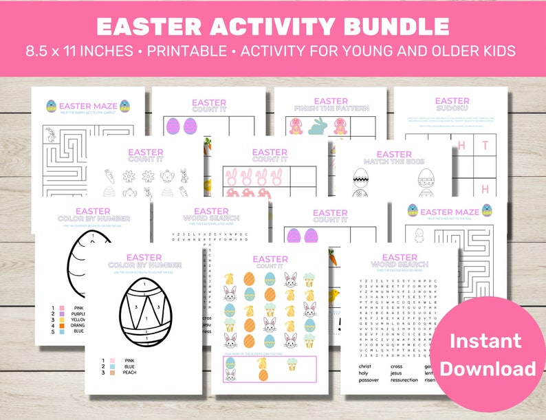 May include: A printable Easter activity bundle for kids, featuring a variety of activities such as mazes, word searches, count it, color by number, and sudoku. The activities are printed on white paper with colorful illustrations.