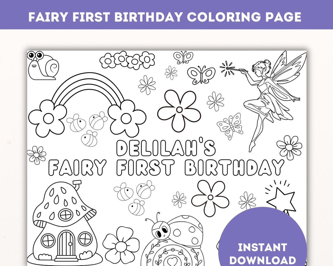 Fairy Birthday Coloring Page, Fun Coloring Sheet for Kids, Printable ...