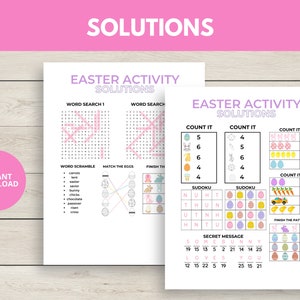 May include: Printable Easter activity solutions for kids. The solutions include answers for word searches, word scrambles, count it, match the eggs, finish the pattern, sudoku, and a secret message.