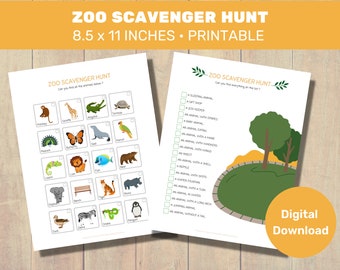 Zoo Scavenger Hunt, Printable Zoo Treasure Hunt Game for Kids, outdoor scavenger hunt for kids, Outdoor Learning Activity for Kids.