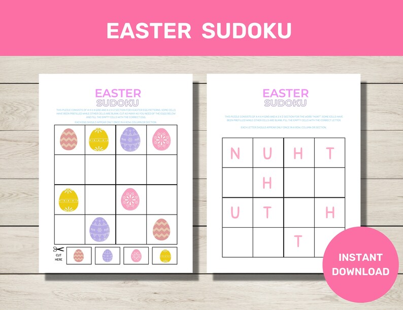 May include: Two printable Easter Sudoku puzzles featuring a grid of Easter eggs with different patterns. The first puzzle has a grid of eggs with pink, yellow, purple, and white patterns. The second puzzle has a grid of letters N, U, H, and T.