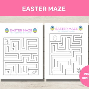 May include: Two printable Easter maze activity sheets. The first sheet features a bunny and a carrot. The second sheet features a chick and an egg. Both sheets have the text "Easter Maze" and instructions to help the animal get to the object. The text "Instant Download" is at the bottom of the second sheet.