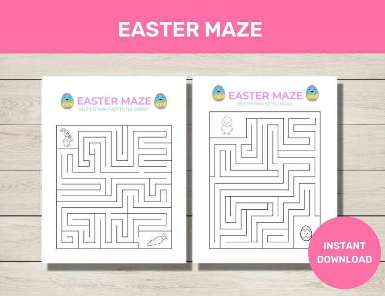 May include: Two printable Easter maze activity sheets. The first sheet features a bunny and a carrot. The second sheet features a chick and an egg. Both sheets have the text "Easter Maze" and instructions to help the animal get to the object. The text "Instant Download" is at the bottom of the second sheet.