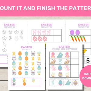 May include: Printable Easter-themed worksheet for kids. The worksheet has four sections with different counting and pattern activities featuring Easter eggs, bunnies, chicks, carrots, and cupcakes. The text "COUNT IT AND FINISH THE PATTERN" is at the top of the page. The text "INSTANT DOWNLOAD" is at the bottom of the page.