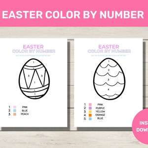 May include: Two printable Easter egg coloring pages. The first page features an egg with a geometric design to color with pink, blue, and peach. The second page features an egg with a wavy design to color with pink, purple, yellow, orange, and blue.
