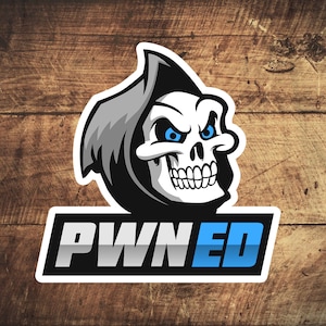 May include: A black and white cartoon skull with a blue hooded cloak and the word "PWND" in white letters with a blue outline. The word "ED" is in blue letters with a white outline.