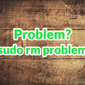 Könnte beinhalten: Ein Holzgrund mit dem Text "Problem?" und "sudo rm problem" in grünen Buchstaben mit weißem Umriss.