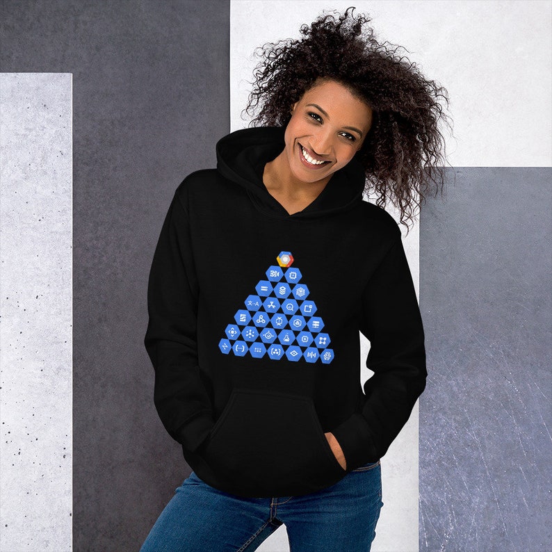 May include: A black hoodie featuring a blue triangle design with various symbols and icons. The hoodie has a drawstring hood and a pouch pocket.