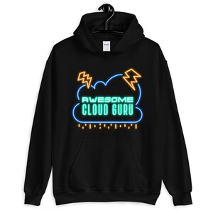May include: Black hoodie featuring a neon blue and orange cloud graphic with the text "Awesome Cloud Guru".